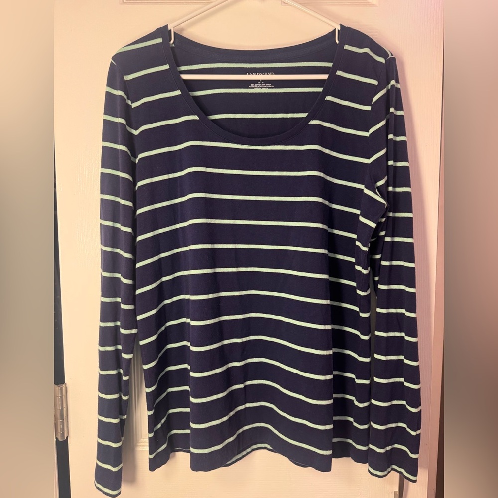 Lands' End Tee Striped Navy & Mint Long Sleeve Cotton size Large